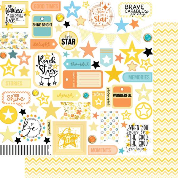 Superstar patterned scrapbook paper from the Written in the Stars collection by Uniquely Creative, featuring stars, labels, icons and coordinating designs