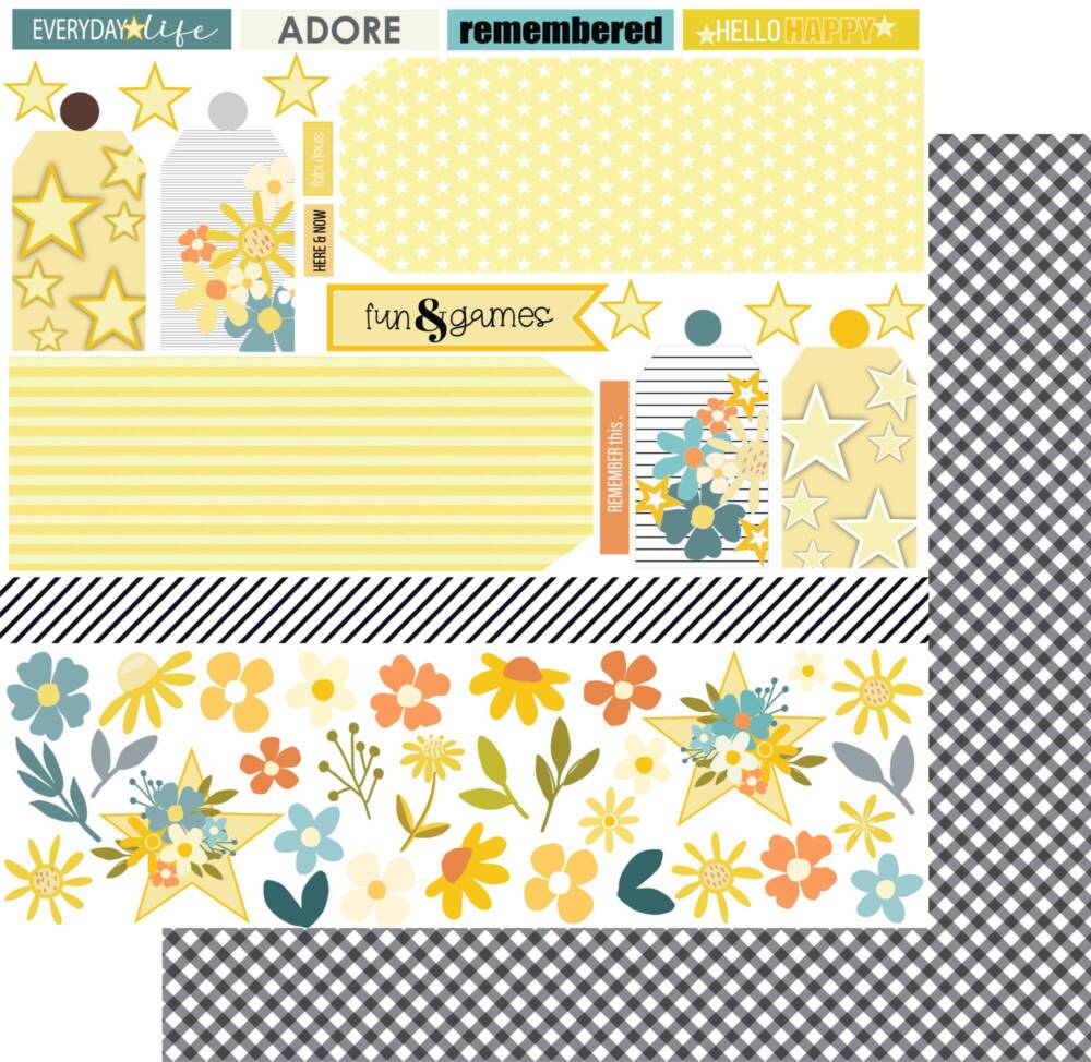Guiding Light patterned scrapbook paper from the Written in the Stars collection by Uniquely Creative, featuring stars, florals, labels and coordinating designs