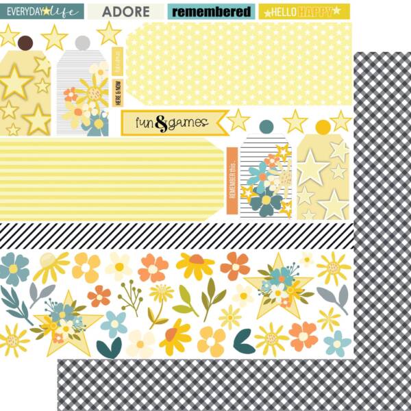 Guiding Light patterned scrapbook paper from the Written in the Stars collection by Uniquely Creative, featuring stars, florals, labels and coordinating designs