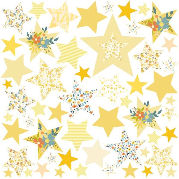 Bright Star paper side A showing layered star patterns with floral details in yellow, gold, and soft pastel tones