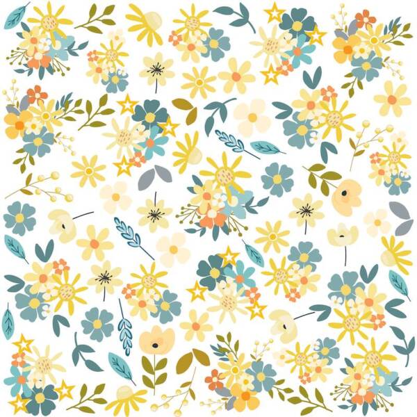 Star Shine paper side A showing an all-over floral pattern with small star details in blue, yellow, and soft pastel colours