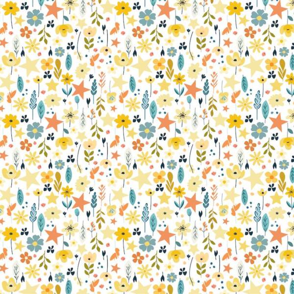 Starlit Garden scrapbook paper with scattered floral illustrations, leaves and star motifs in blue and yellow tones