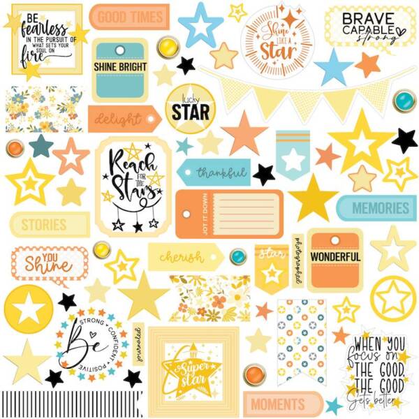 Superstar scrapbook paper side A featuring stars, labels, icons and inspirational phrases in blue, yellow and orange tones