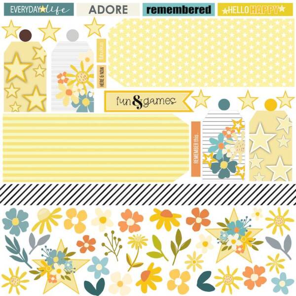 Guiding Light scrapbook paper side A featuring layered stars, florals, labels and decorative elements in soft blue and yellow tones