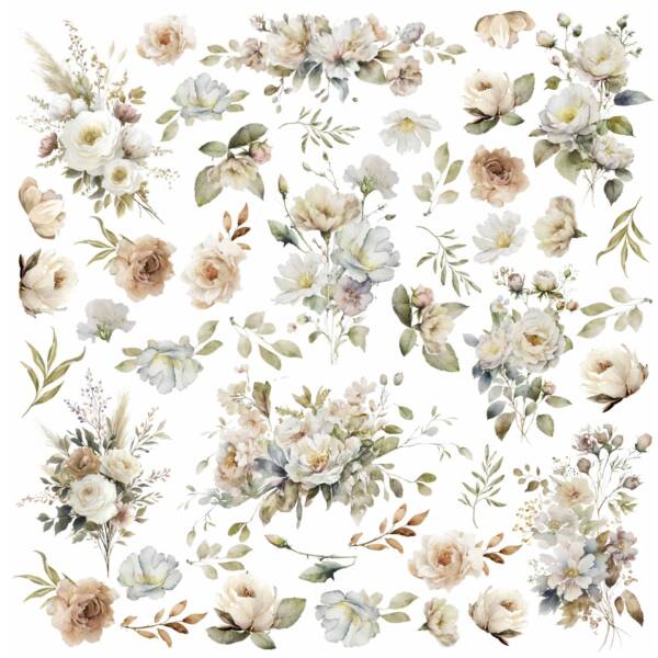 Patterned paper design with a white background covered in individually illustrated florals, including roses, blossoms, leaves, and small floral clusters in soft neutral tones of cream, blush, sage green, and pale blue.