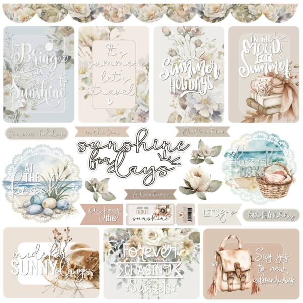 Patterned paper design featuring a collage of illustrated summer-themed elements, including decorative cards with hand-lettered phrases, florals, beach imagery, baskets, books, hats, and soft scenic details, all arranged on a light background in muted beige, blush, sage, and soft blue tones.