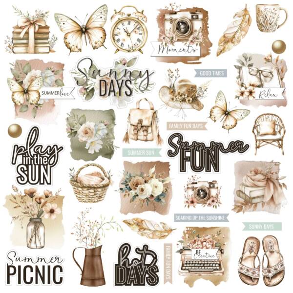A collage-style paper filled with soft, hand-painted summer illustrations on a white background. Elements include butterflies, floral clusters, vintage cameras, stacked books with ribbons, a straw hat, a woven basket, sandals, a ceramic mug, a typewriter, feathers, and leafy sprigs. Decorative word phrases such as ‘Sunny Days,’ ‘Summer Fun,’ and ‘Play in the Sun’ appear throughout in gentle neutral and pastel tones