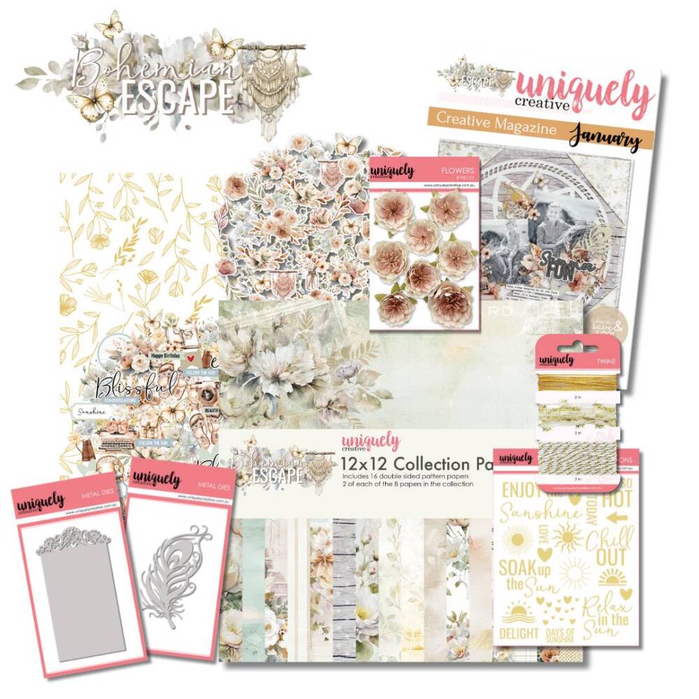 Overview image showing the contents of the Bohemian Escape Creative Kit by Uniquely Creative. The image includes coordinating patterned papers in soft neutral and pastel tones, floral embellishments, stickers, twine in neutral colours, metal cutting dies, and decorative elements arranged together to show how the items work as a complete papercraft collection.