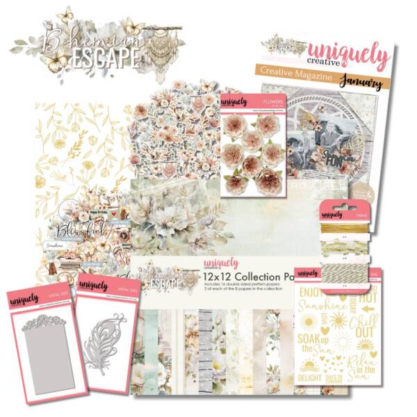 Overview image showing the contents of the Bohemian Escape Creative Kit by Uniquely Creative. The image includes coordinating patterned papers in soft neutral and pastel tones, floral embellishments, stickers, twine in neutral colours, metal cutting dies, and decorative elements arranged together to show how the items work as a complete papercraft collection.