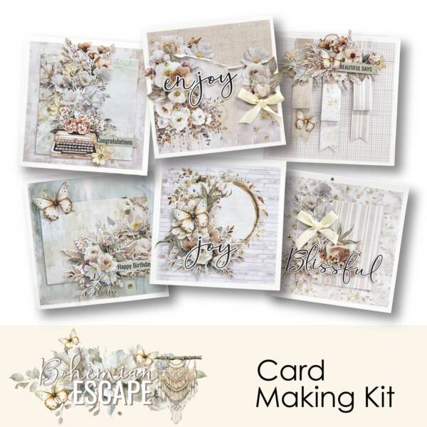 Promotional image showing six handmade cards created with the Bohemian Escape Card Making Kit, featuring soft neutral florals, butterflies, layered textures, bows, and sentiments including Enjoy, Joy, Blissful, Happy Birthday, Congratulations, and Beautiful Days.