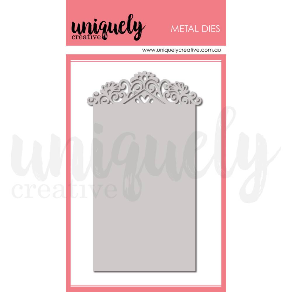 Metal cutting die featuring a rectangular panel with an ornate decorative topper and scrollwork, designed for card making and papercraft projects.