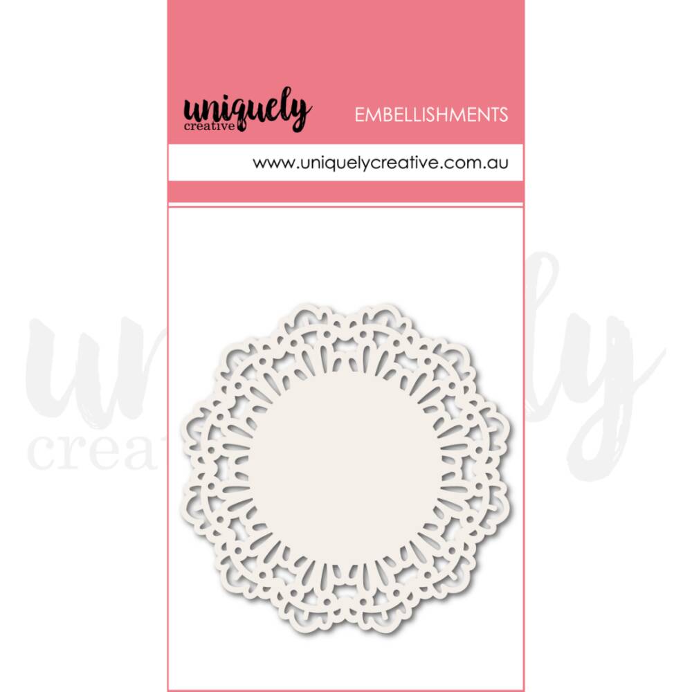 Uniquely Creative white layering doily embellishment featuring a delicate lace-style circular design.