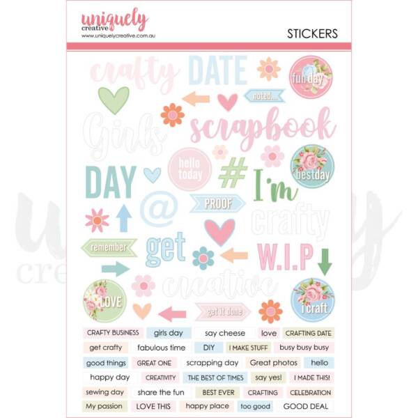 Uniquely Creative puffy sticker sheet featuring pastel crafting-themed words, icons, arrows, hearts, flowers, and phrases such as ‘crafty date’, ‘scrapbook’, ‘girls day’, ‘W.I.P’, and ‘get creative’.