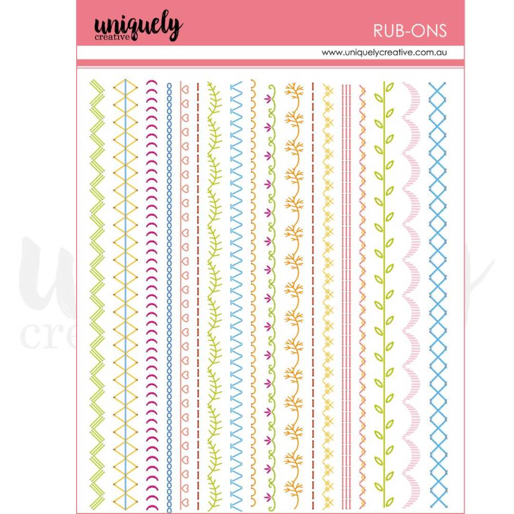 Sheet of decorative rub-on transfers featuring assorted vertical border designs, including florals, scallops, zigzags, and stitched-style patterns, suitable for scrapbooking, card making, and papercraft projects.