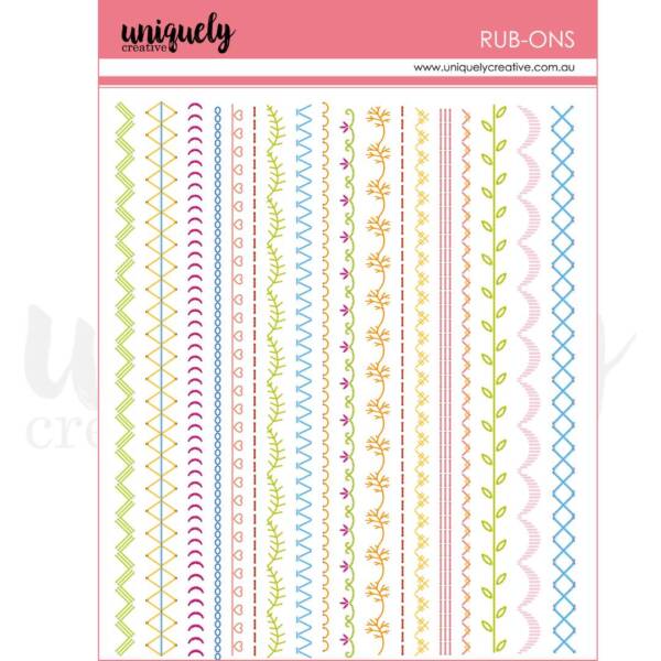 Sheet of decorative rub-on transfers featuring assorted vertical border designs, including florals, scallops, zigzags, and stitched-style patterns, suitable for scrapbooking, card making, and papercraft projects.