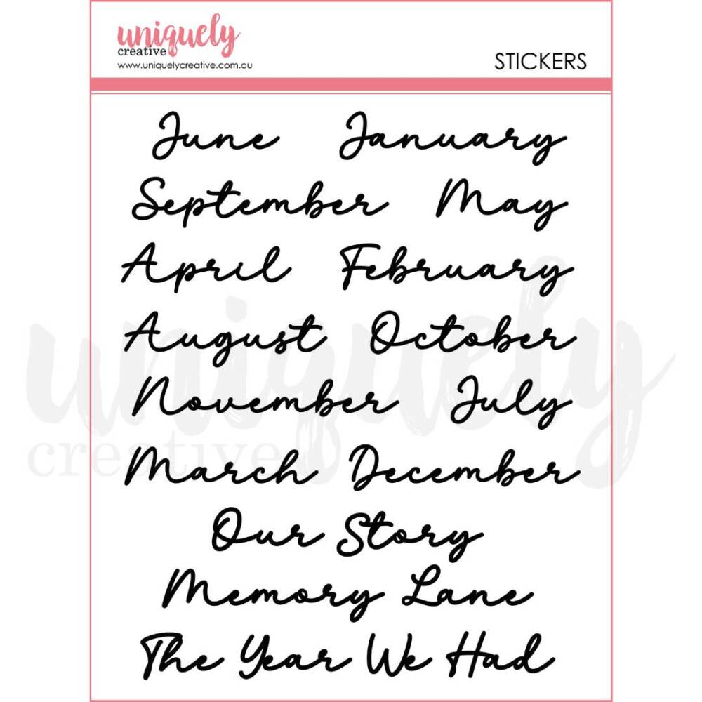 Sheet of script month word stickers in a smaller, finer handwritten style, featuring all months of the year plus the phrases “Our Story,” “Memory Lane,” and “The Year We Had,” designed for scrapbooking and memory keeping.