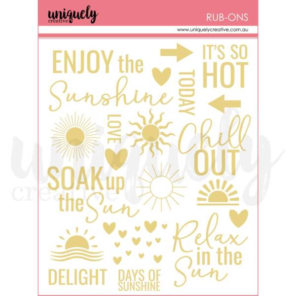 Sheet of Uniquely Creative Bohemian Escape gold foil rub ons featuring suns, hearts, arrows and uplifting summer themed words and phrases.