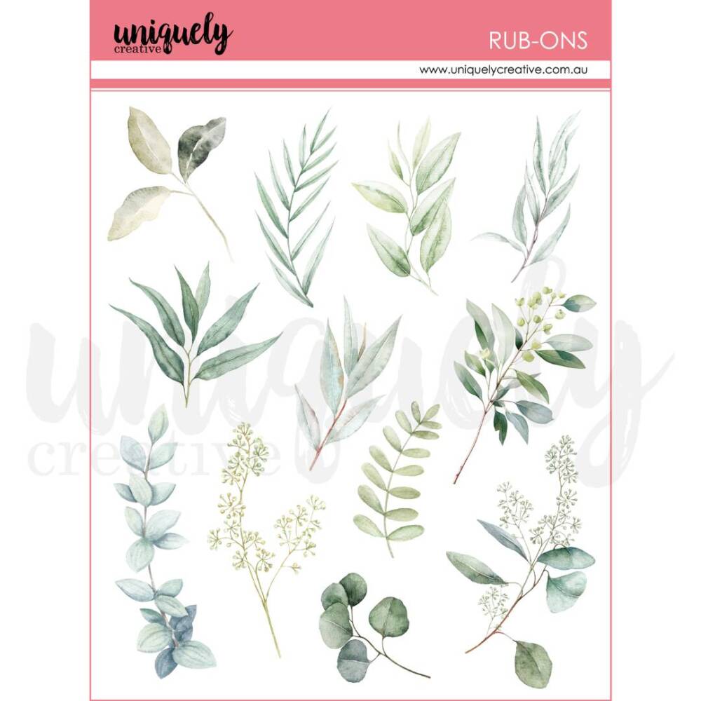 Sheet of Uniquely Creative Boho Botanicals rub ons featuring soft illustrated greenery, leaves and botanical elements in natural tones.
