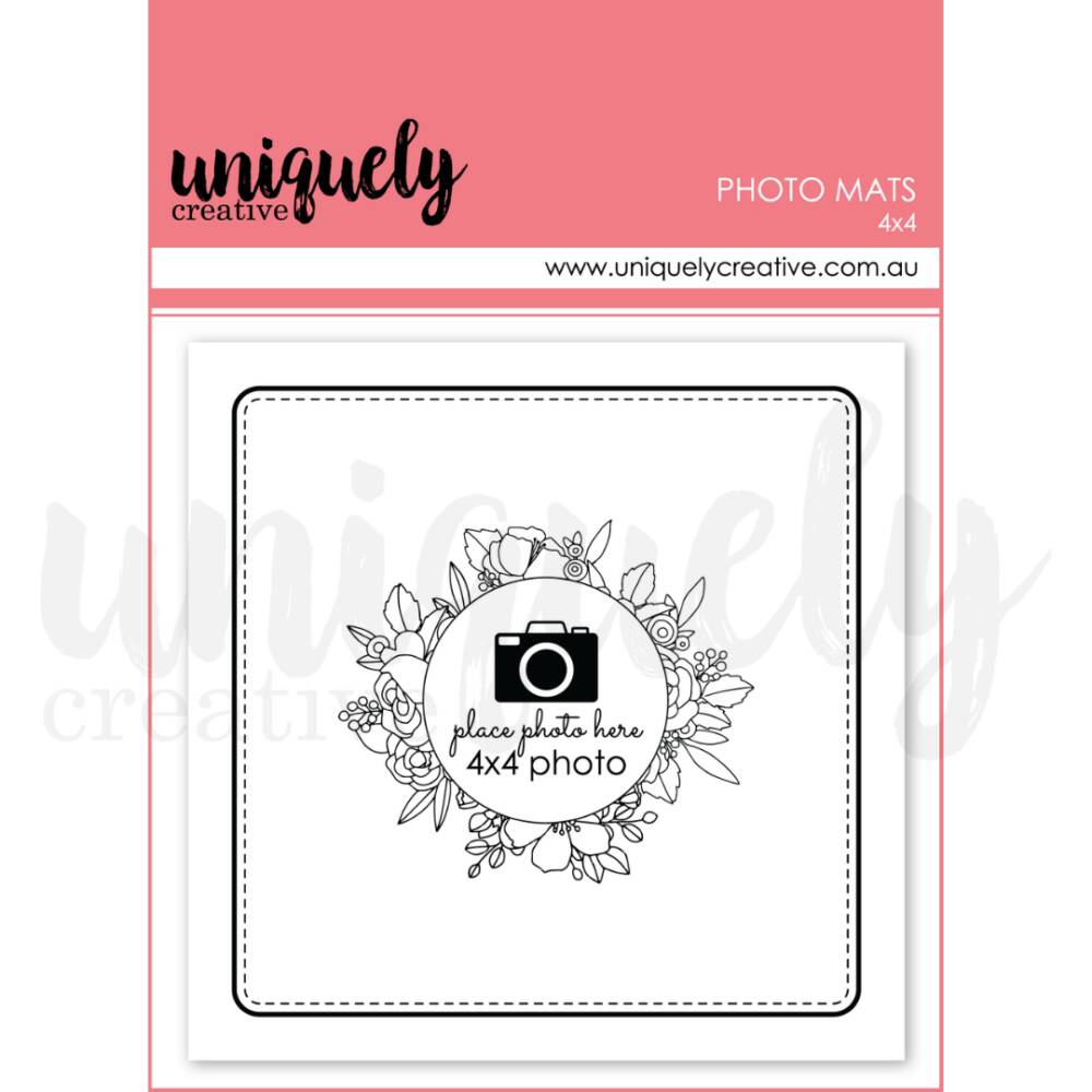 4x4 photo mat with a stitched square border and a circular floral frame in the centre, designed to hold a 4x4 inch photo, shown on Uniquely Creative packaging.