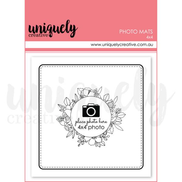 4x4 photo mat with a stitched square border and a circular floral frame in the centre, designed to hold a 4x4 inch photo, shown on Uniquely Creative packaging.