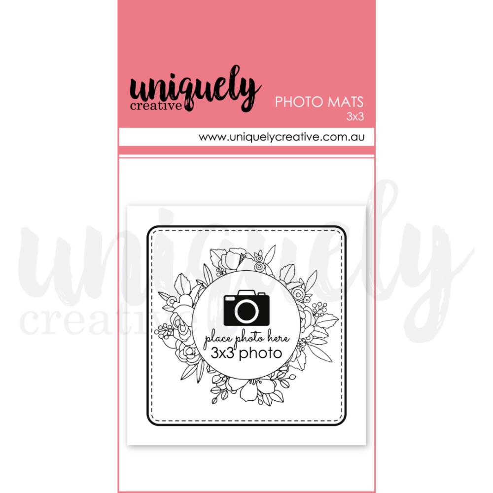 3x3 photo mat with a stitched square border and a circular floral frame in the centre, designed to hold a 3x3 inch photo, shown on Uniquely Creative packaging.