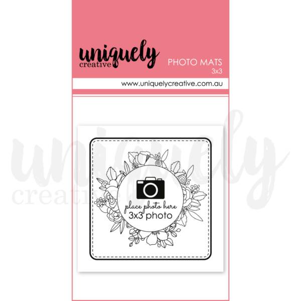 3x3 photo mat with a stitched square border and a circular floral frame in the centre, designed to hold a 3x3 inch photo, shown on Uniquely Creative packaging.