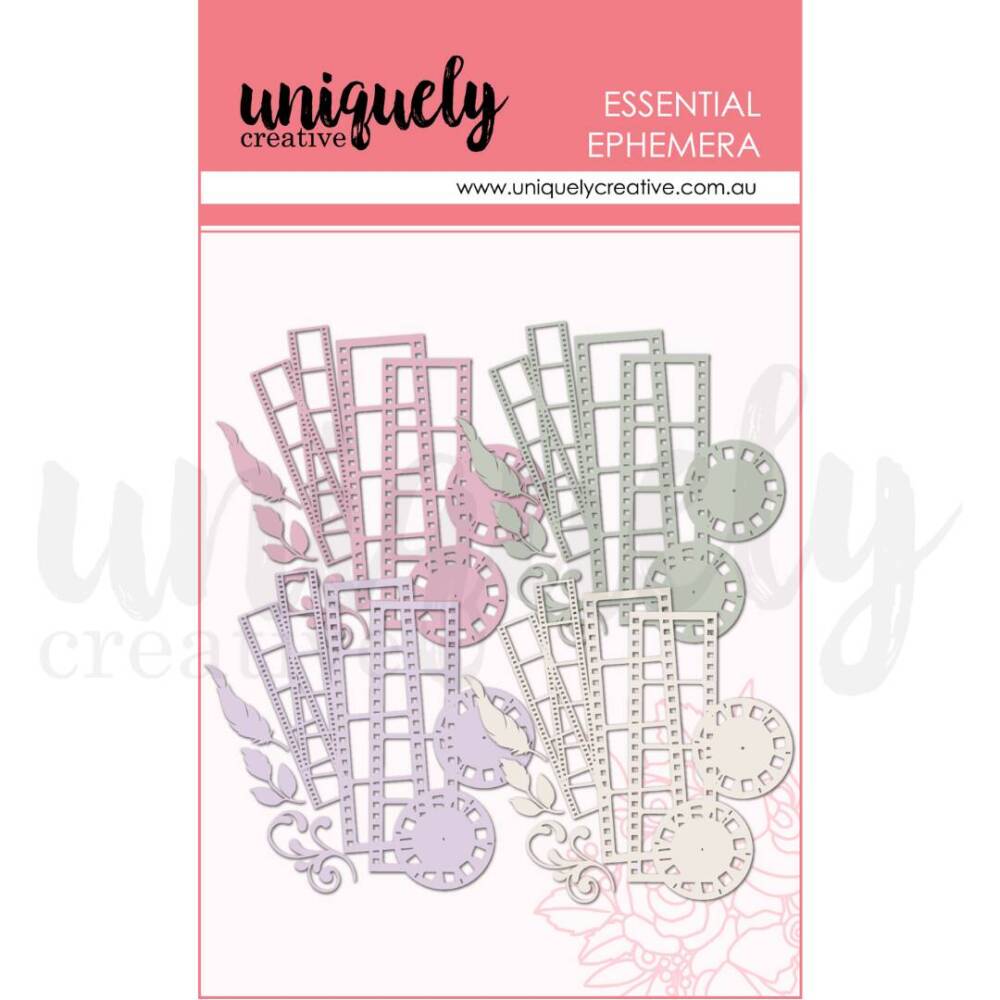 Pack of essential acetate layering ephemera featuring pastel filmstrip frames, circular details, leafy accents, and decorative elements in soft pink, sage green, lavender, and neutral tones for scrapbooking and papercraft layering.