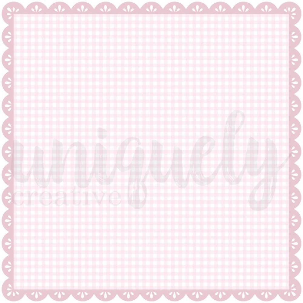 Square decorative base layer featuring a soft pink gingham pattern with a scalloped edge border and small cut-out details around the frame, designed for layering in papercraft projects.