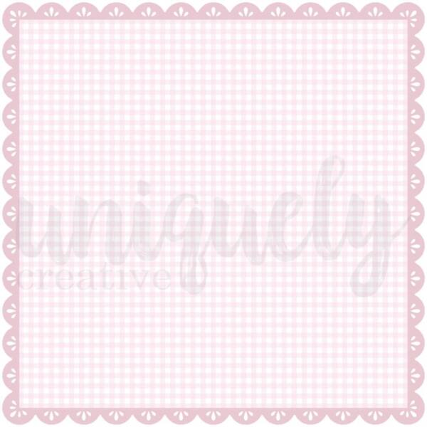Square decorative base layer featuring a soft pink gingham pattern with a scalloped edge border and small cut-out details around the frame, designed for layering in papercraft projects.