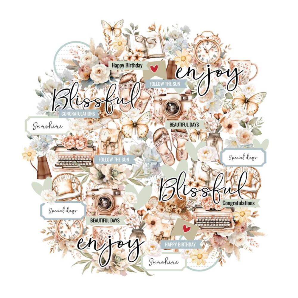 Sheet of Uniquely Creative Bohemian Escape Creative Cuts featuring illustrated florals, butterflies, cameras, vintage elements and uplifting phrases in soft boho tones.