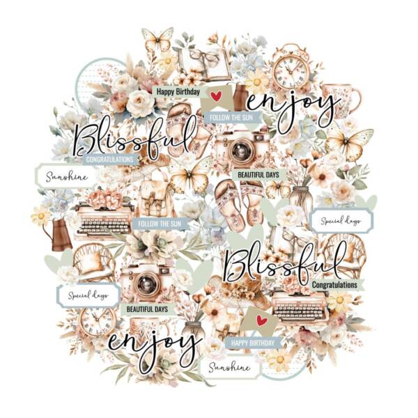 Sheet of Uniquely Creative Bohemian Escape Creative Cuts featuring illustrated florals, butterflies, cameras, vintage elements and uplifting phrases in soft boho tones.