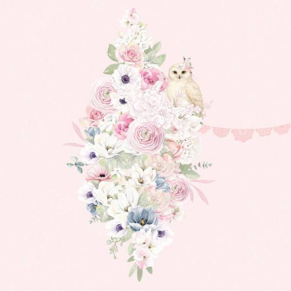 Scrapbook paper Side A from the “This Is Grace” collection featuring a vertical cascading floral arrangement in soft pink, white, and pale blue tones, with roses, anemones, greenery, lace accents, and a small owl perched among the flowers on a blush pink background.