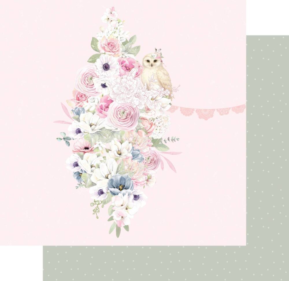 Stack of double-sided scrapbook papers from the “This Is Grace” collection, showing soft blush pink and sage green designs with delicate florals, lace details, and a vintage floral arrangement featuring roses, anemones, and a small owl