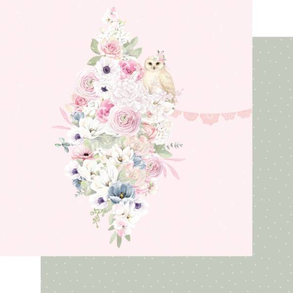 Stack of double-sided scrapbook papers from the “This Is Grace” collection, showing soft blush pink and sage green designs with delicate florals, lace details, and a vintage floral arrangement featuring roses, anemones, and a small owl