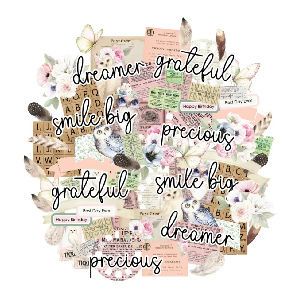 Uniquely Creative Creative Cuts ephemera featuring vintage-style collage elements with florals, butterflies, feathers, owls, tickets, book text, and script words including ‘dreamer’, ‘grateful’, ‘smile big’, and ‘precious’.