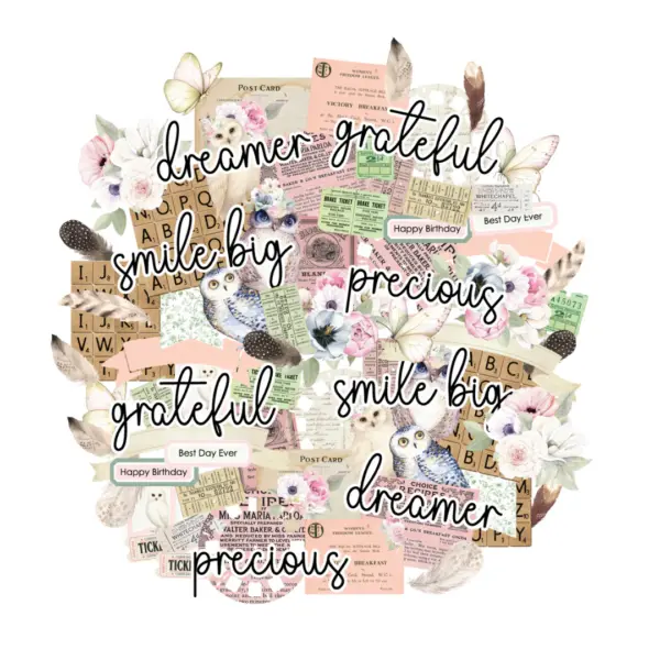 Uniquely Creative Creative Cuts ephemera featuring vintage-style collage elements with florals, butterflies, feathers, owls, tickets, book text, and script words including ‘dreamer’, ‘grateful’, ‘smile big’, and ‘precious’.