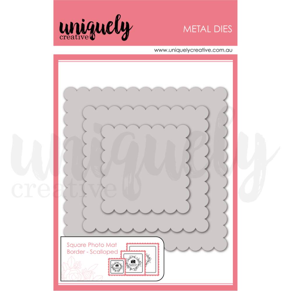 Square scalloped photo mat metal die set with three nested dies for layered scrapbooking and cardmaking.