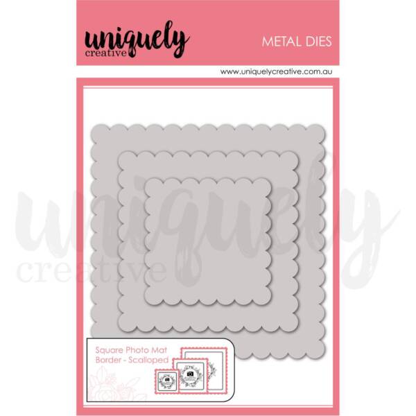 Square scalloped photo mat metal die set with three nested dies for layered scrapbooking and cardmaking.