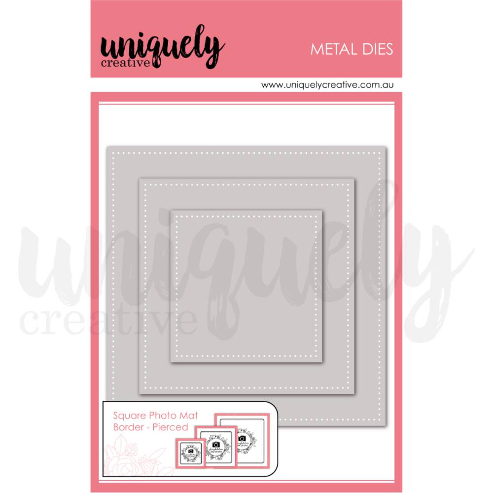 Square pierced photo mat metal die set with three nested dies featuring dotted border detail for scrapbooking and cardmaking.
