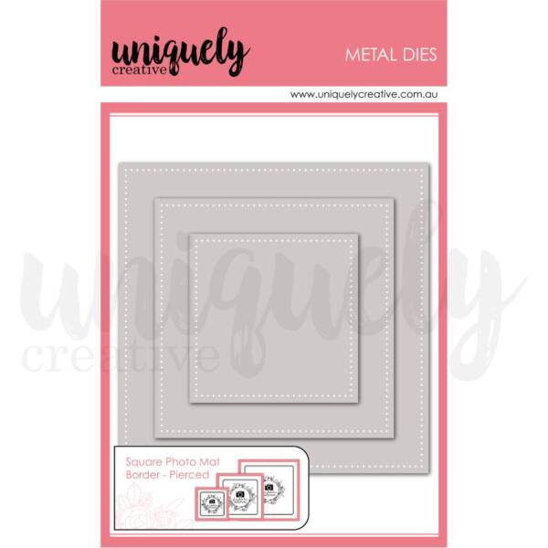 Square pierced photo mat metal die set with three nested dies featuring dotted border detail for scrapbooking and cardmaking.