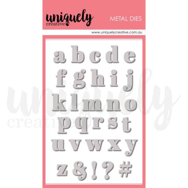 Serif lowercase alphabet metal die set including letters a to z plus ampersand, exclamation mark, question mark and hashtag symbols for custom sentiments and titles.