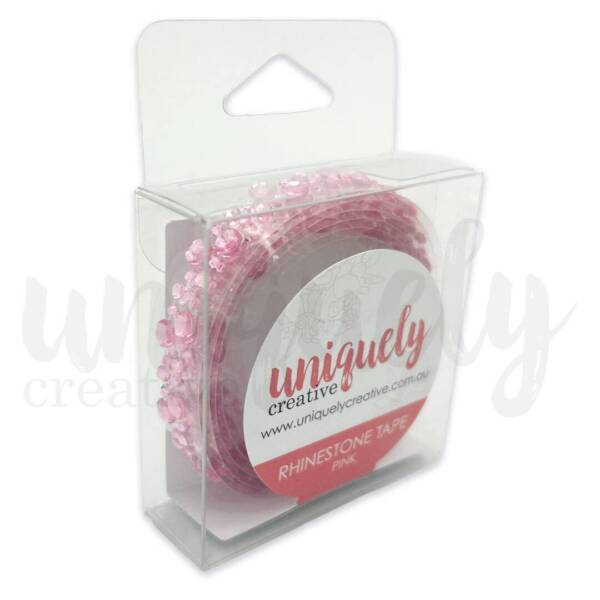 Pink rhinestone tape by Uniquely Creative in clear retail packaging, featuring multiple rolls of adhesive gem strips with faceted pink stones in varying sizes.
