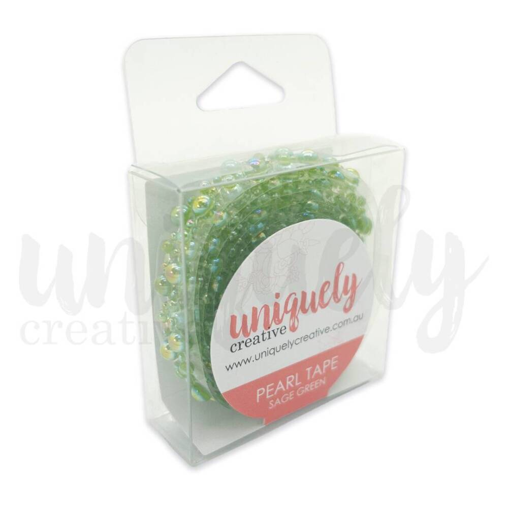 Uniquely Creative Pearl Tape in Sage Green, packaged in a clear plastic box showing iridescent green pearl adhesive strips inside.