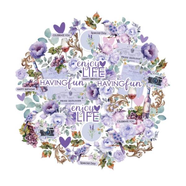 Die cut embellishments featuring purple florals, butterflies and decorative sentiments in violet, lilac and lavender tones.