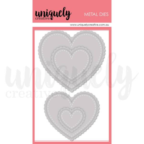 Layered heart-shaped metal dies shown stacked in two grouped sets, featuring stitched dashed line details and scalloped rounded edges, displayed on Uniquely Creative pink and white branded packaging