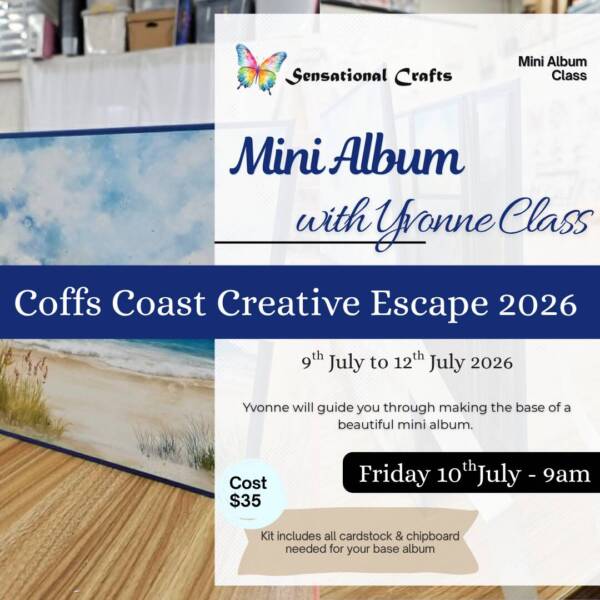Mini Album with Yvonne retreat featuring a beach themed handmade mini album for Coffs Coast Creative Escape 2026